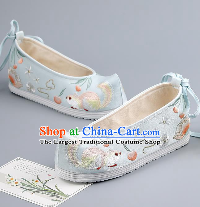 China Traditional Hanfu Shoes Embroidered Squirrel Shoes Handmade Cloth Shoes Ancient Princess Light Blue Bow Shoes