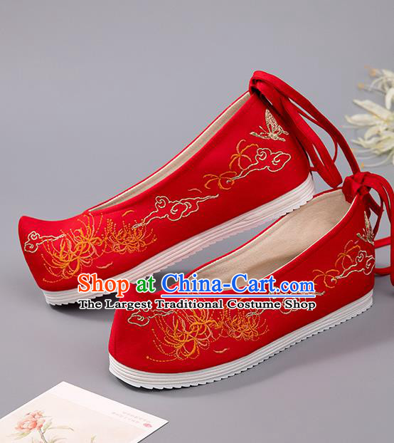 China Wedding Shoes Ancient Princess Shoes Embroidered Manjusaka Shoes Handmade Red Cloth Shoes Hanfu Bride Shoes