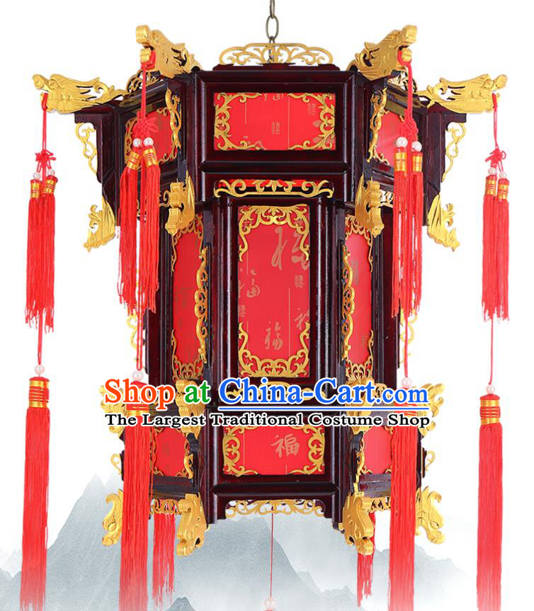 Chinese Golden Dragon Head Hanging Lamp Classical Red Lanterns Traditional New Year Palace Lantern Handmade Wood Lantern
