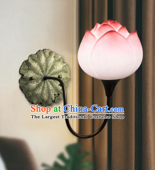 Chinese Classical Lanterns Iron Art Bedside Lamp Traditional Lantern Handmade Pink Lotus Wall Lamp