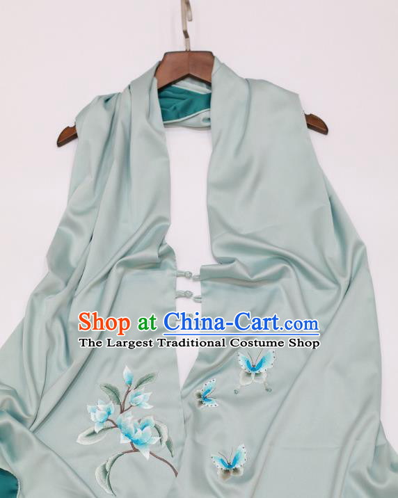 China Traditional Embroidered Tippet Embroidery Magnolia Craft Mother Cappa Light Blue Silk Scarf