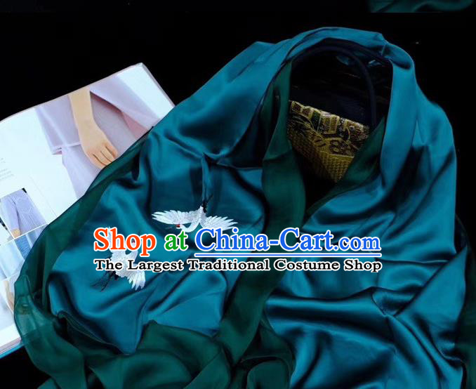 Traditional China Deep Green Silk Scarf Embroidered Tippet Suzhou Embroidery Crane Craft Mother Cappa