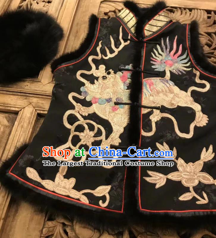 China Women Black Silk Waistcoat National Clothing Tang Suit Costume Embroidery Lion Vest
