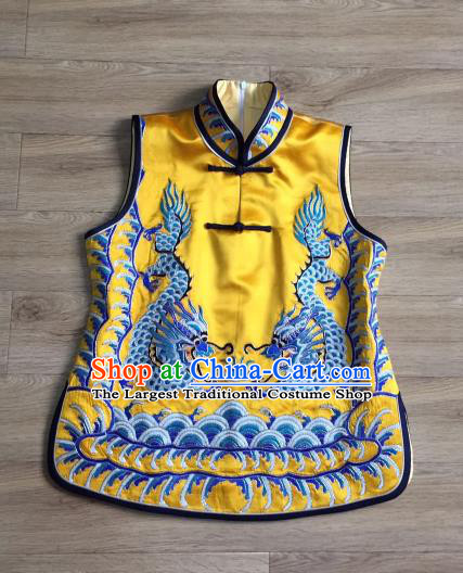 China Women Yellow Silk Waistcoat Costumes National Clothing Embroidery Dragon Vest