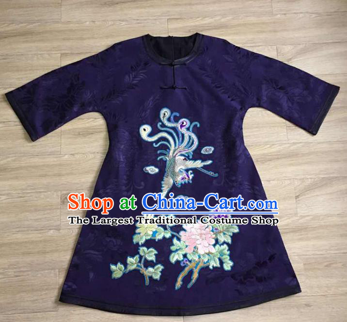 Chinese Embroidered Phoenix Peony Blue Silk Jacket Tang Suit Upper Outer Garment Coat Apparels National Costume