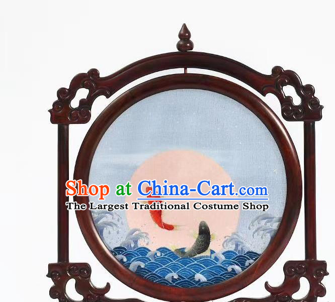 China Embroidered Painting Desk Screen Suzhou Rosewood Artware Handmade Embroidery Carp Table Decoration