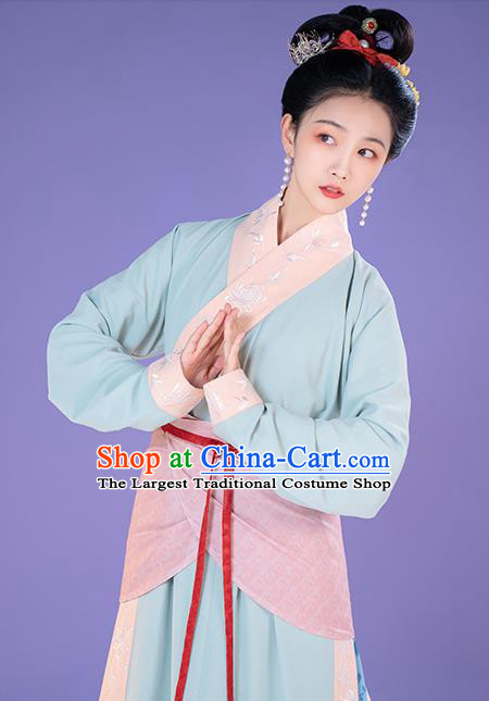 China Ancient Song Dynasty Apparels Country Woman Clothing Blue Hanfu Dress Complete Set