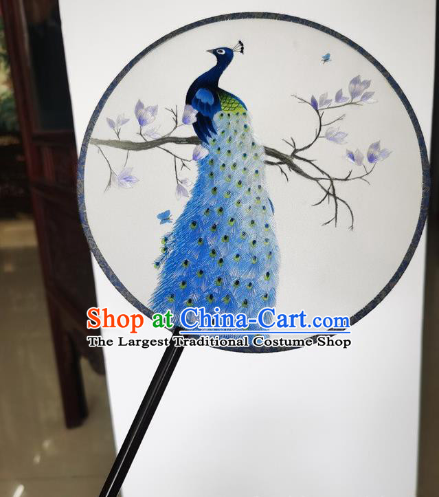 China Ancient Palace Fan Classical Dance Double Side Silk Fans Wedding Fan Suzhou Embroidery Blue Peacock Fan