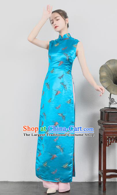 Asian Vietnam Classical Butterfly Pattern Ao Dai Qipao Traditional Vietnamese Cheongsam Costumes Blue Silk Dress and Loose Pants for Women