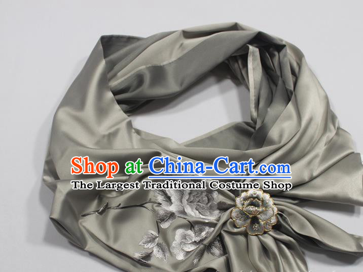 Chinese Embroidered Peony Grey Silk Scarf Traditional Cheongsam Accessories Tippet with Brooch