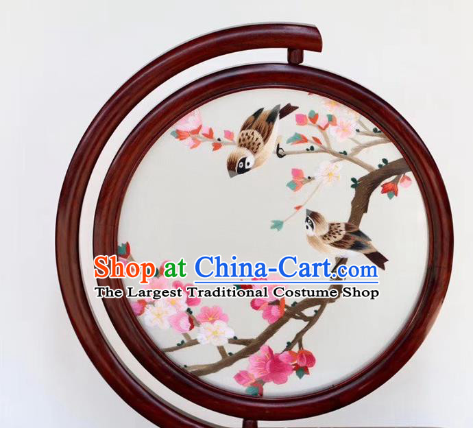 Traditional China Handmade Rosewood Carving Table Decoration Embroidered Plum Birds Painting Desk Screen