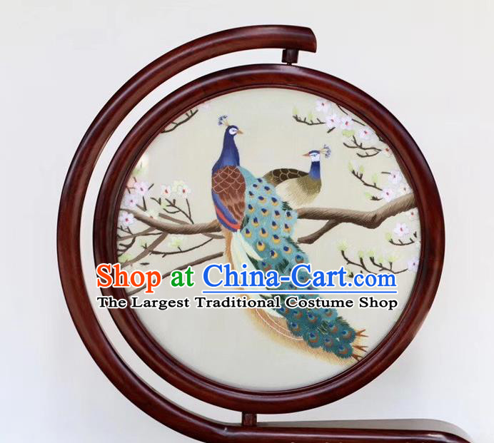Traditional China Peacock Painting Craft Handmade Rosewood Carving Table Decoration Embroidered Desk Screen