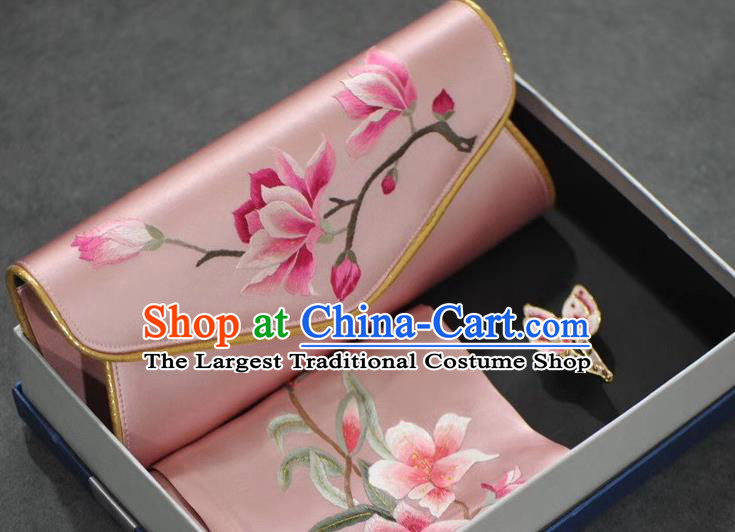 Chinese Embroidered Mangnolia Pink Silk Scarf and Handbag Brooch Traditional Suzhou Embroidery Cheongsam Accessories