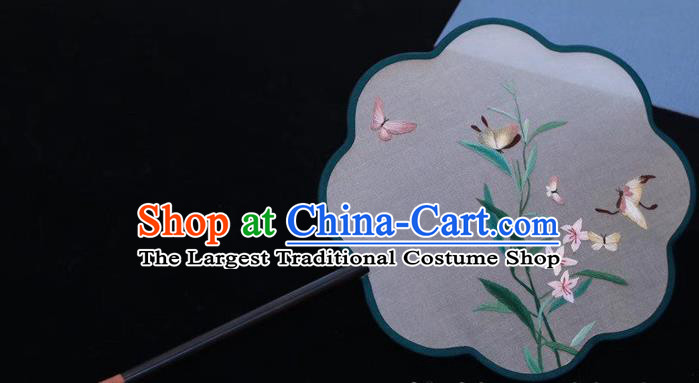 China Traditional Embroidered Palace Fan Handmade Classical Dance Silk Fan Embroidery Butterfly Orchid Fan