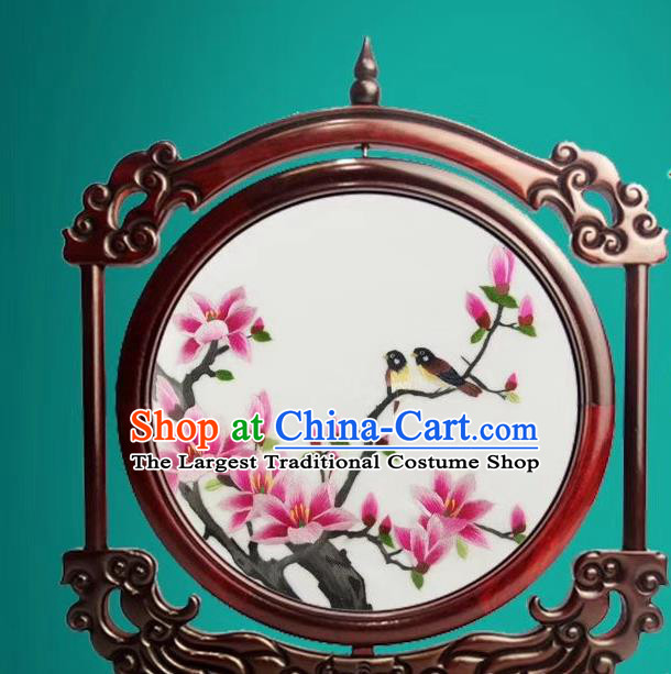 China Traditional Handmade Rosewood Decoration Double Side Embroidery Craft Suzhou Embroidered Magnolia Desk Screen