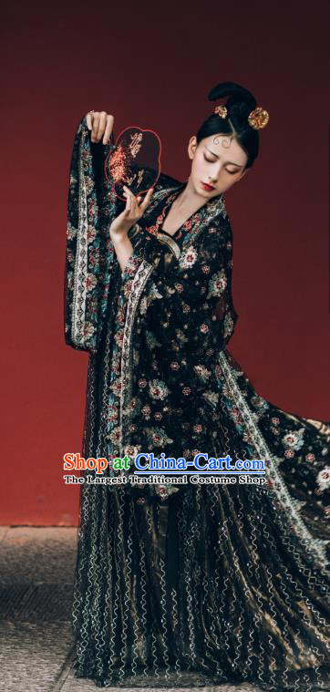 China Ancient Imperial Concubine Black Chiffon Hanfu Dress Traditional Tang Dynasty Historical Costumes Complete Set