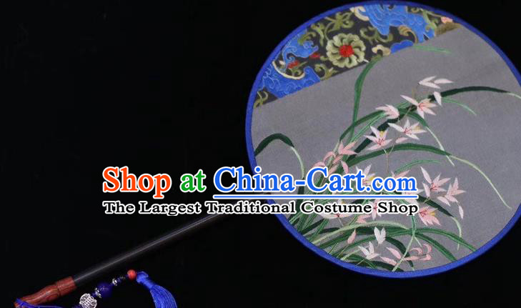 China Court Dance Silk Fans Ancient Bride Fan Handmade Embroidered Round Fan Suzhou Embroidery Orchids Palace Fan