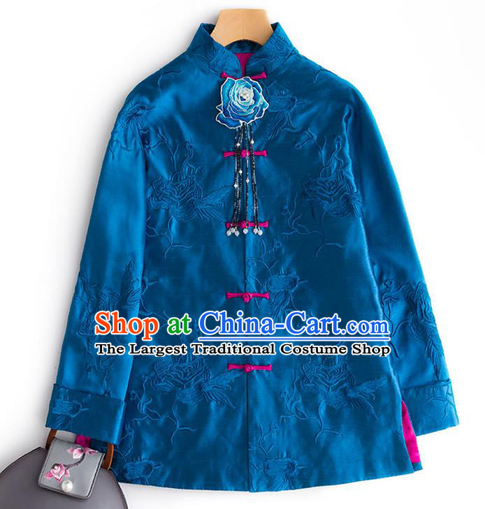 Chinese Embroidery Deep Blue Jacket Women Outer Garment Traditional National Clothing Embroidered Silk Coat