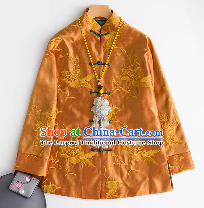 Chinese Embroidered Orange Silk Coat Embroidery Jacket Women Outer Garment Traditional National Clothing