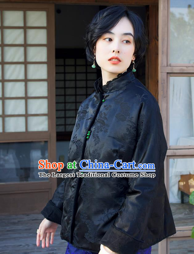Chinese Winter Black Silk Cotton Padded Jacket Traditional National Clothing Embroidered Coat Women Outer Garment