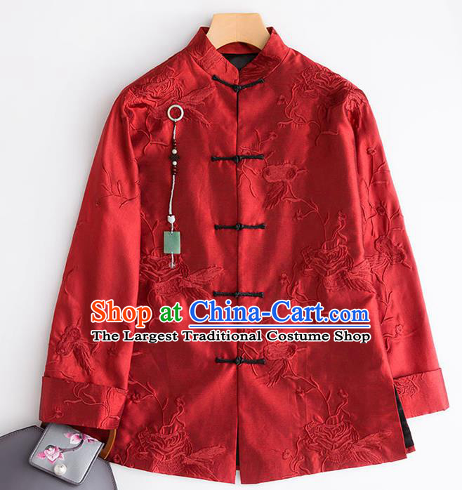 Chinese Women Outer Garment Traditional National Clothing Embroidery Jacket Embroidered Red Silk Coat
