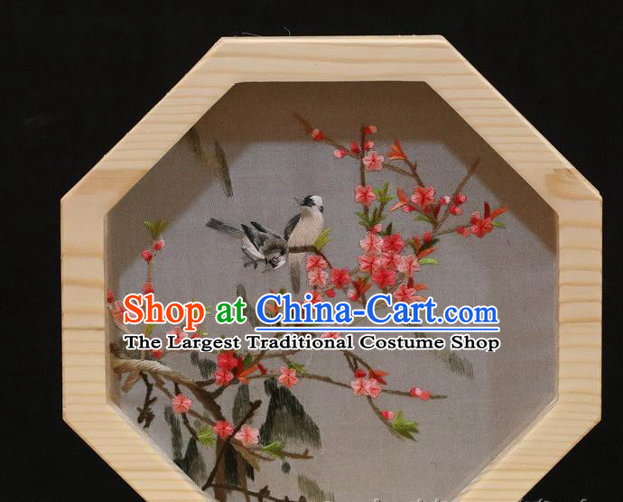 China Handmade Wood Octagon Desk Screen Traditional Embroidery Plum Birds Craft Table Decoration