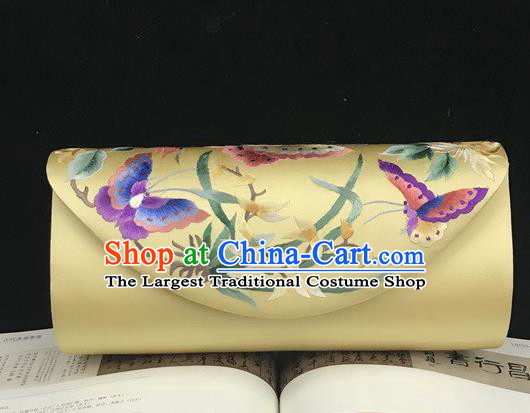 Traditional Yellow Silk Handbag China National Chain Bag Handmade Suzhou Embroidery Orchids Clutch Bag