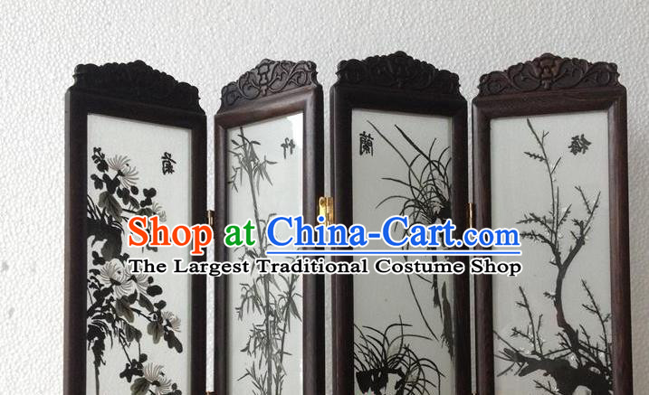 China Handmade Suzhou Embroidery Plum Orchids Bamboo Chrysanthemum Desk Screen Traditional Embroidered Craft Rosewood Table Decoration
