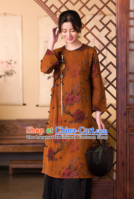 China Traditional Classical Peony Pattern Cheongsam Women Clothing Ginger Silk Qipao Dress
