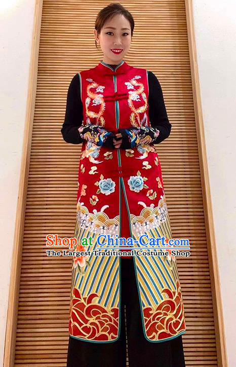 Chinese National Outer Garment Embroidered Phoenix Peony Red Brocade Long Vest Tang Suit Dust Coat