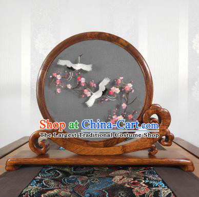 Handmade Suzhou Embroidery Craft Chinese Embroidered Plum Cranes Painting Decoration Palisander Table Screen