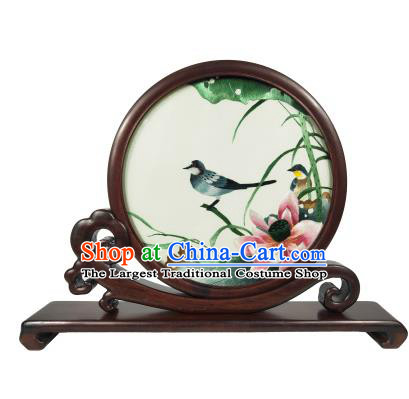 Chinese Rosewood Table Decoration Handmade Double Side Suzhou Embroidery Screen Traditional Embroidered Lotus Bird Screen Craft