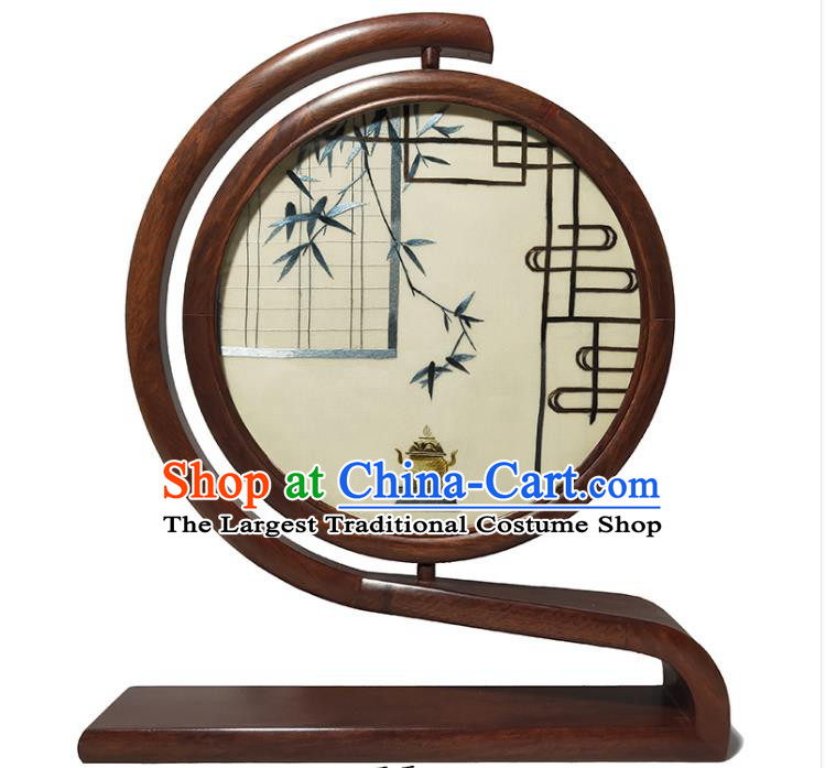 Traditional China Rosewood Table Screen Handmade Double Side Embroidered Screen