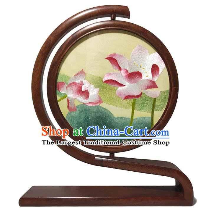 China Rosewood Table Screen Traditional Craft Handmade Double Side Embroidered Lotus Screen