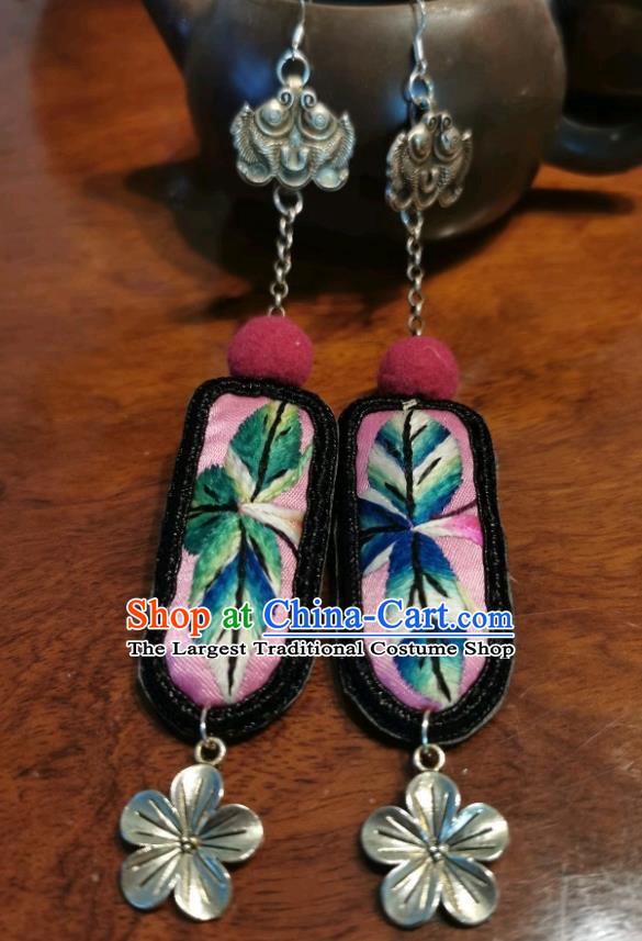Handmade China Ethnic Embroidered Earrings Traditional Silver Plum Blossom Ear Jewelry Accessories for Women