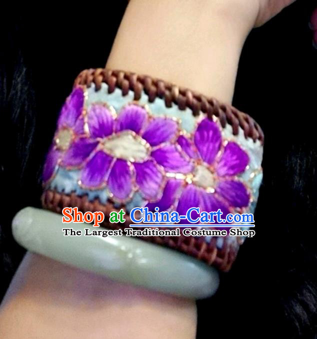 Handmade China Ethnic Embroidered Blue Bracelet Traditional Accessories Rattan Bangle for Women