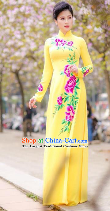 Asian Vietnam Classical Peony Pattern Ao Dai Qipao Traditional Vietnamese Cheongsam Costumes Yellow Dress and Loose Pants for Women