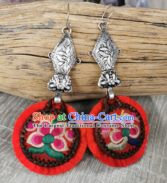 Handmade China Miao Ethnic Women Jewelry Traditional National Embroidered Sliver Ear Accessories Rattan Earrings