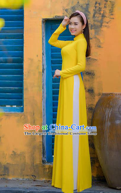 Asian Vietnam Classical Yellow Ao Dai Qipao Traditional Vietnamese Costumes Cheongsam Dress and Pants for Women