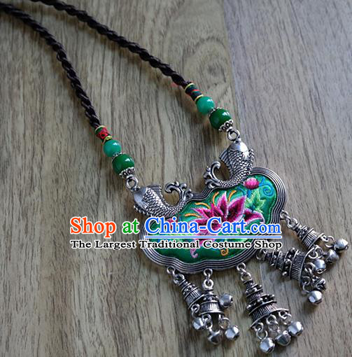 Handmade China Longevity Lock National Silver Fish Jewelry Accessories Ethnic Embroidered Lotus Green Silk Necklace