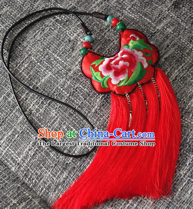 Handmade China National Red Tassel Longevity Lock Ethnic Accessories Embroidered Peony Necklace