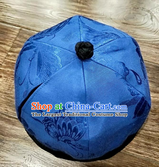 China Women Classical Butterfly Pattern Blue Silk Cap National Hair Accessories Skullcap