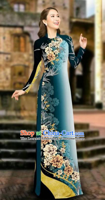 Asian Vietnam Cheongsam Dress and Pants Traditional Vietnamese Costumes Classical Printing Peony Atrovirens Ao Dai Qipao for Women