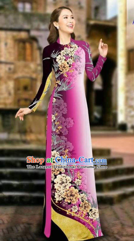 Asian Vietnam Cheongsam Dress and Pants Traditional Vietnamese Costumes Classical Printing Peony Rosy Ao Dai Qipao for Women