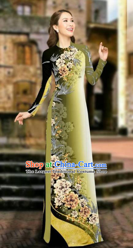 Asian Vietnam Cheongsam Dress and Pants Traditional Vietnamese Costumes Classical Printing Peony Green Ao Dai Qipao for Women