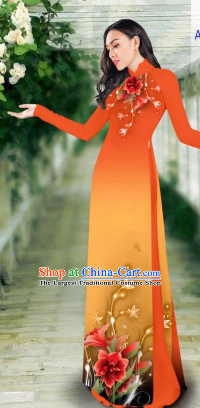 Asian Vietnam Classical Cheongsam Traditional Vietnamese Costumes Women Printing Orange Ao Dai Qipao Dress and Pants