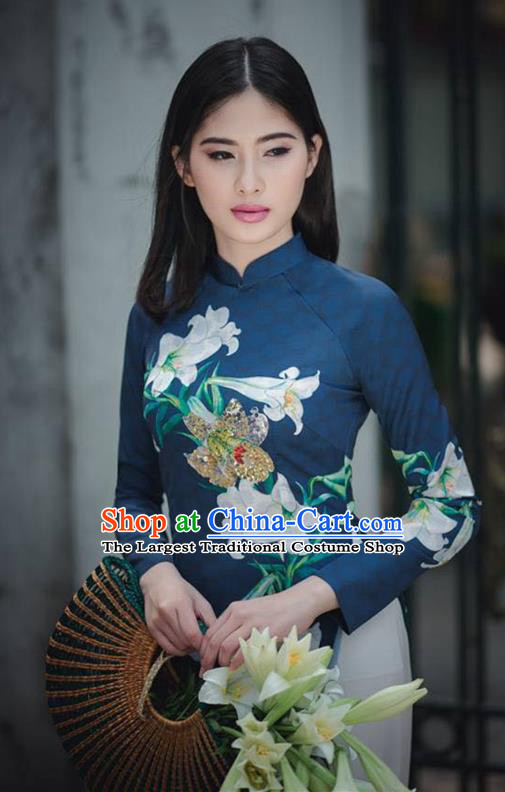 Asian Vietnam Printing Lily Flowers Cheongsam Costumes Traditional Vietnamese Classical Navy Ao Dai Qipao Dress and Loose Pants