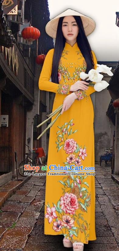 Asian Vietnam Court Classical Cheongsam Traditional Vietnamese Printing Peony Yellow Ao Dai Qipao Dress and Loose Pants Women Costumes
