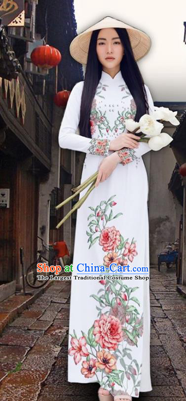 Asian Vietnam Court Classical Cheongsam Traditional Vietnamese Printing Peony White Ao Dai Qipao Dress and Loose Pants Women Costumes