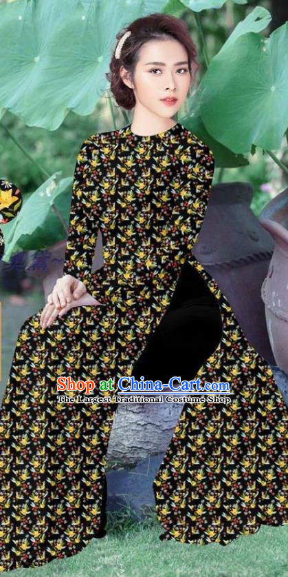Custom Vietnamese Ao Dai Dress Traditional Female Qipao and Pants Asian Uniforms Costume Vietnam Black Cheongsam